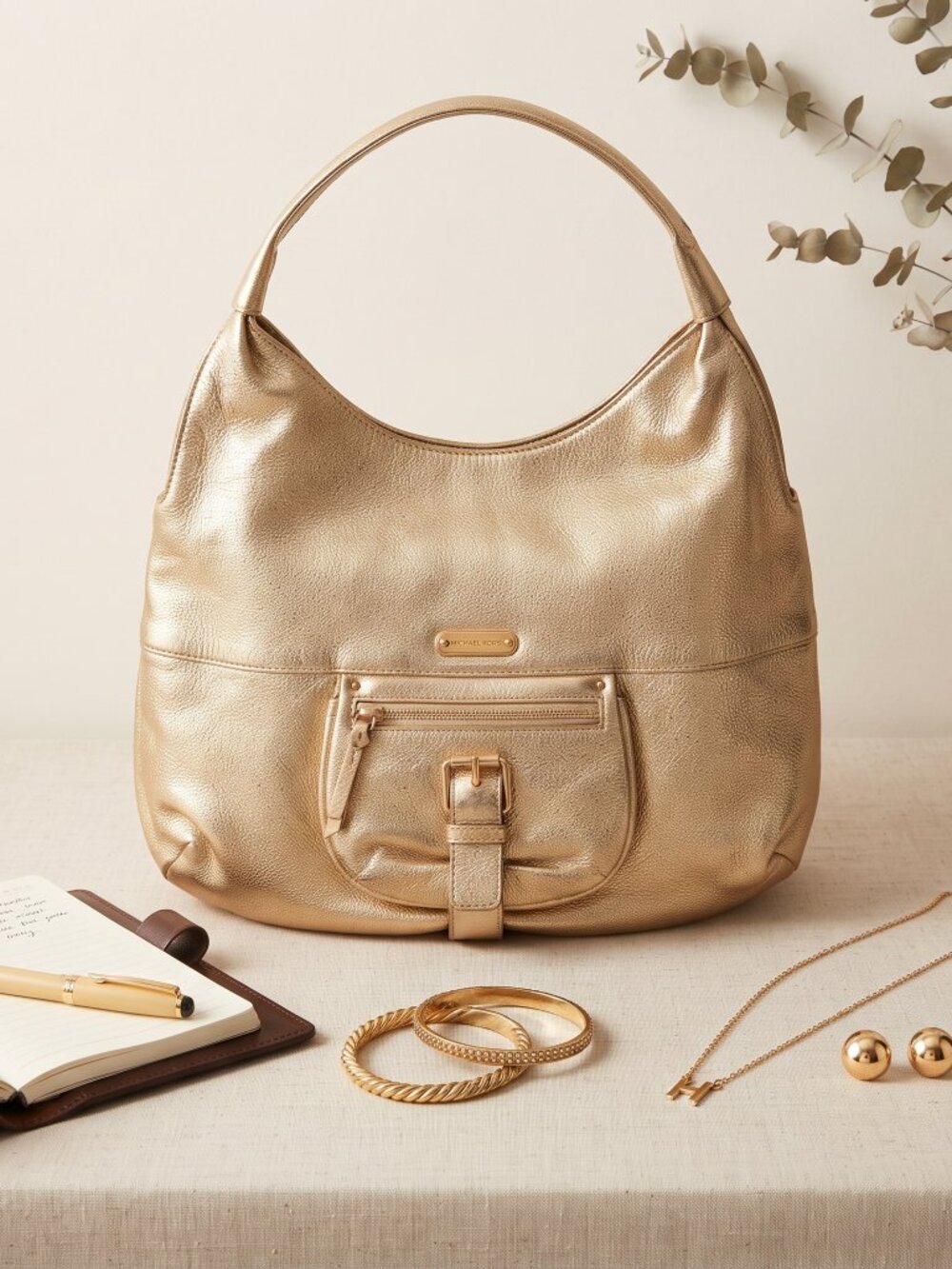 Michael Kors Metallic Gold Mob Wife Hobo Shoulder Bag with Pocket